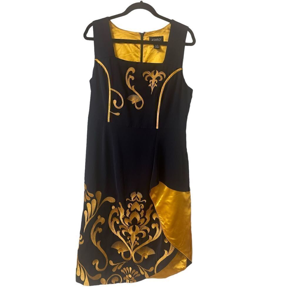 Ashro dress black with gold embroidery sz 14 NWT